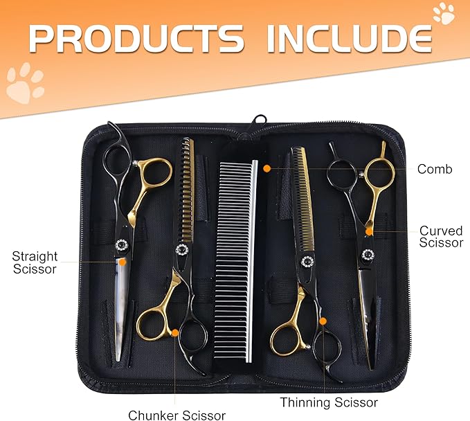 7 Inch Professional Dog Grooming Scissors Kit, 6 in 1 Grooming Scissors for Dogs, Pet Grooming Shears Set, Straight Scissor & Thinning Shear & Curved Scissor & Chunker Shear (Black Gold)