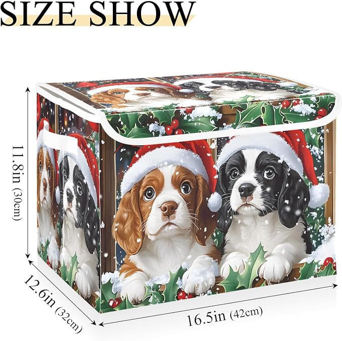 Fabric Storage Bins with Lid Christmas Dog Closet Storage Basket 40L | Decorative Storage Boxes, Foldable & Stackable, Dust-Proof Flip Top, Reinforced Handles, For Home & Dorm, Clothes & Toy Box