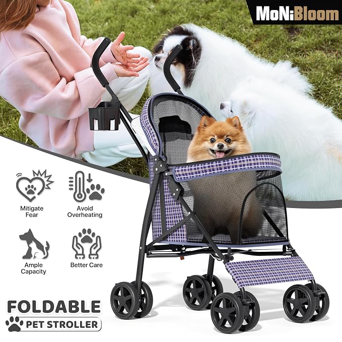 MoNiBloom Pet Stroller for Small/Medium Dogs and Cats up to 22 lbs, Plaid | Foladble 4 Wheels Easy-Fold Puppy Cage Jogger Stroller with Sun Cover, Pad and Rear Storage Bag, Breathable and Visible Mesh