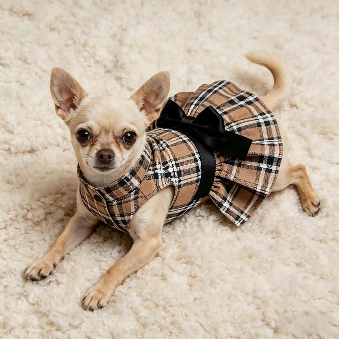 Classic Plaid Dog Dress with Bow Tie for Small Dogs Cats Girls, Cute Puppy Dresses Clothes with Bowknot Chihuahua French Bulldog Pet Apparel Outfits (Chestnut Brown, XX-Small)