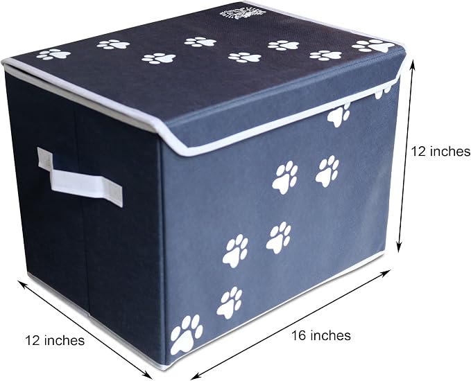 Large Dog Toys Storage Box 16" x 12" Pet Toy Storage Basket with Lid. Perfect Collapsible Canvas Bin for Cat Toys and Accessories Too! (Blue)