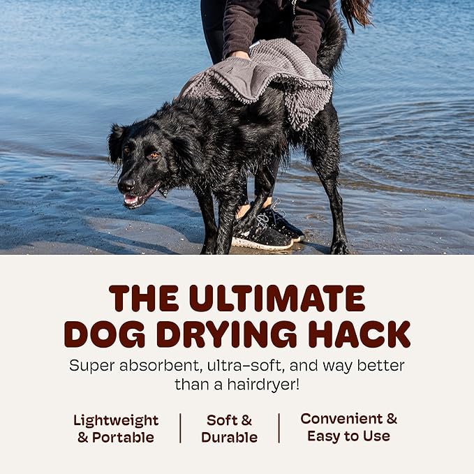 Dog Gone Smart The Dirty Dog Shammy - Antimicrobial Microfiber Dog Towel for Odor Control, Fast-Drying Plush, Dual Hand Pockets & Elastic, Super Absorbent, Machine Washable, 31 x 13 in, Grey