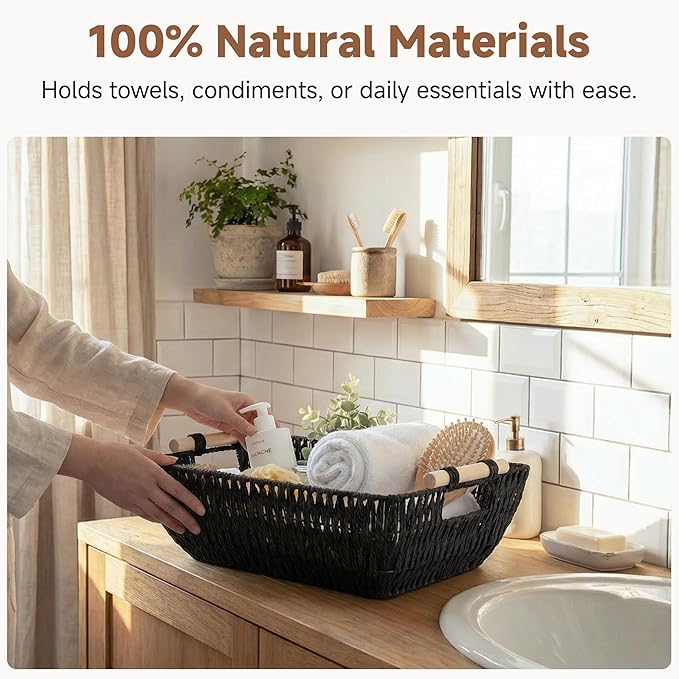 StorageWorks Large Wicker Storage Basket, Paper Rope Storage Baskets, Black | Wicker Storage Baskets for Shelves, Baskets with Wooden Handles, 2-Pack Gifts Basket for Home Decor, Hand-Woven Basket