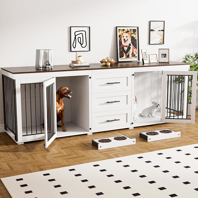 Rophefx 94.5" Dog Crate Furniture for 2 Dogs, Wooden Kennel TV Stand, White | Indoor double dog house with 3 storage drawers, 4 feeding bowls, lockable doors, and a wide top for large and medium dogs