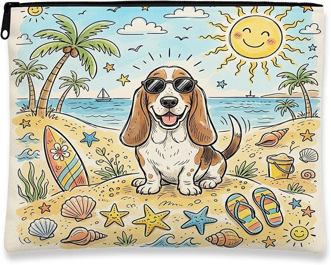 Cute Basset Hound Dog Makeup Bag, Coastal Beach Shells Cosmetic Travel Pouch for Women, Portable Small Canvas Zipper Organizer, Pet Toiletry Bag 7x9 Inch