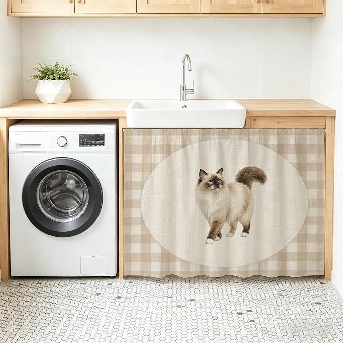 Ragdoll Cat Small Sink Skirt 10"Wx11"L,Dustproof Under Sink Curtain with Self Adhesive Tape,Vintage Linen Plaid Farmhouse Pet Cats Cabinet Curtain Cover for Bathroom Vanity,Kitchen Storage Shelf,RV