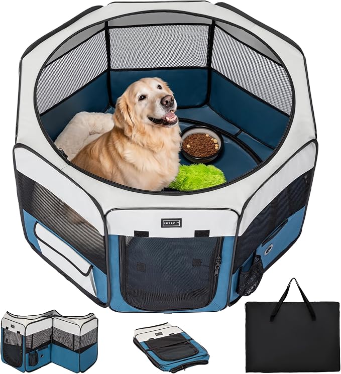 PETSFIT Portable Dog Playpen 45", Removable Waterproof Mat, Zippered Roof | Jump-proof, Collapsible Storage, RV Camping Travel, Indoor Outdoor Use, Large Dogs and Cats, 45.5"L x 45.5"W x 28.5"H