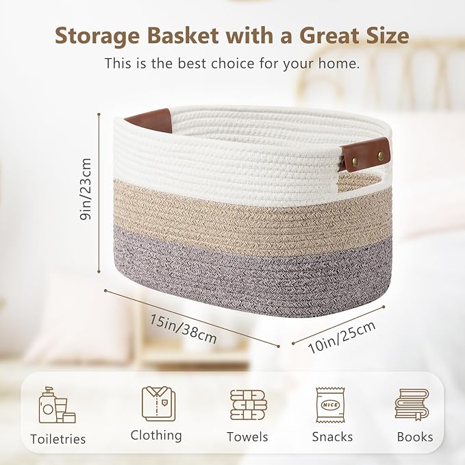 ECDYQXVU 15x10x9 Woven Cotton Rope Storage Basket, Leather Handles 3 Pack | Foldable Design, Sturdy PU Handles, Easy to Clean Organizer for Living Room, Closet, Shelves, Bedroom, Laundry, Clothes
