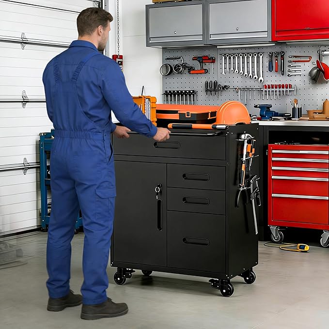 Metal Mobile Tool Storage Cabinet with 4 Drawer and 1 Locking Door | Black Heavy Duty Rolling Tool Cabinets for Garage,Metal Storage Cabinets with Wheels and Pegboard,Assembly Required
