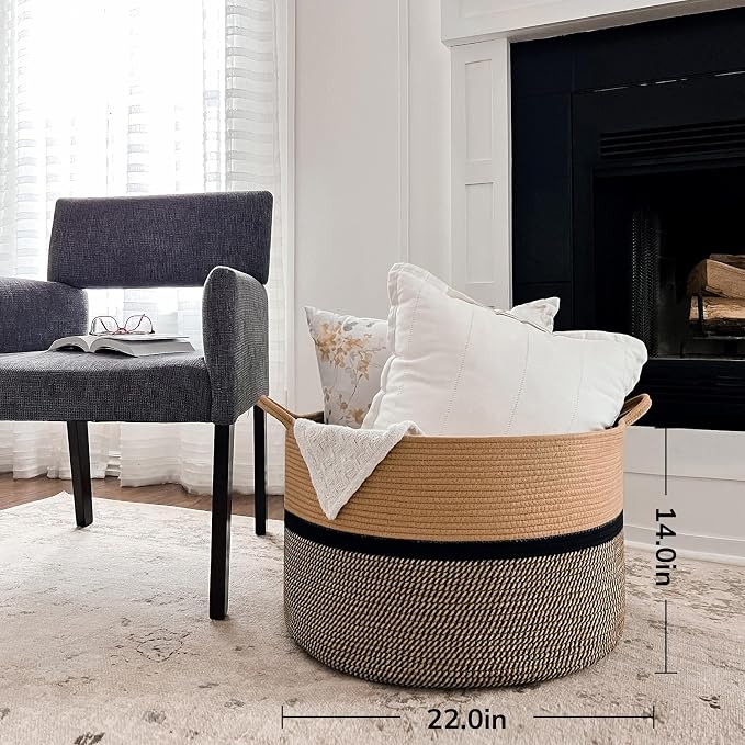 CHICVITA XXL Cotton Rope Woven Blanket Basket with Handles, Brown & Black | Extra large 22x22x14in storage basket doubles as clothes hamper. Decorative for living room, nursery