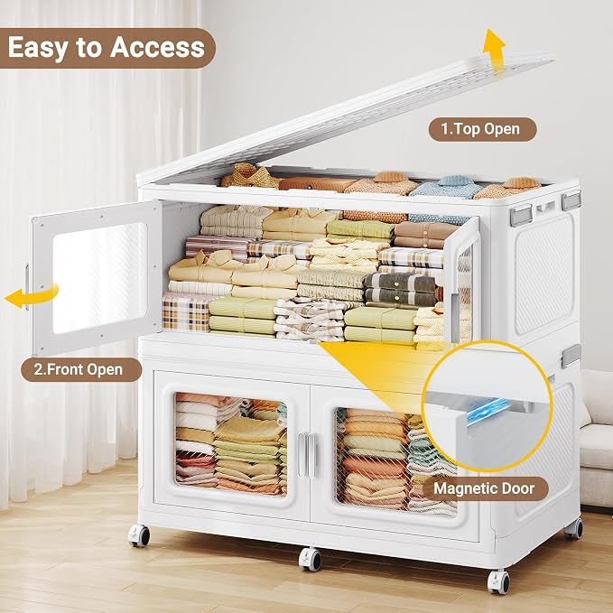 BROVIEW 900 Qt Extra Large Stackable Storage Bin with 1 Lid, 3 Pack White | 225Gal Extra Large, Collapsible Storage Boxes with 1 Lid, Folding& Rolling Plastic Drawer, Heavy-Duty Cabinet Organization
