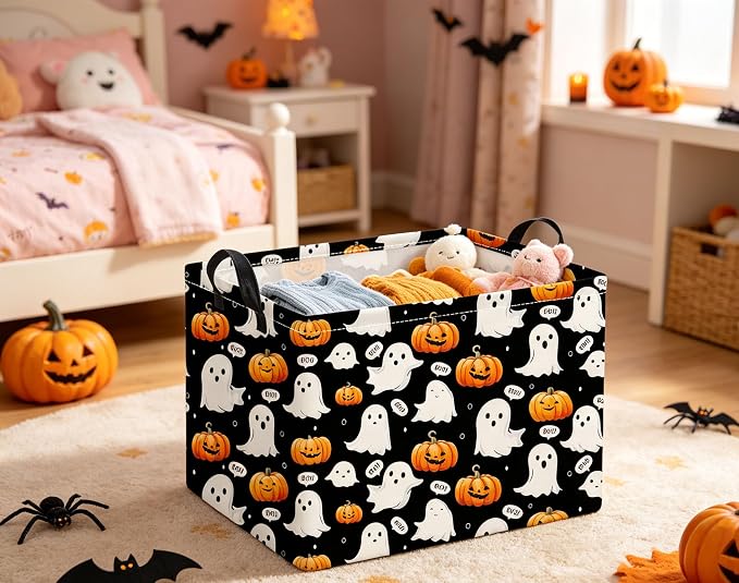 Halloween Basket Cute Baskets for Kids Pumpkin Basket Rectangular Storage Bin Organizer Box Room Decor(Black Ghost Pumpkin)