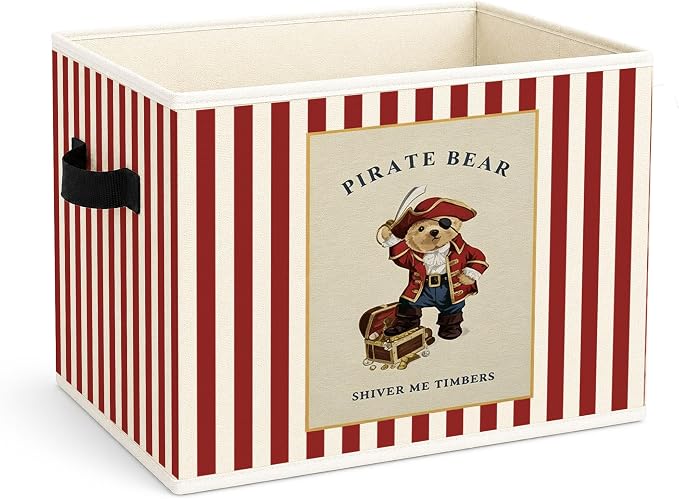 Pirate Bear Storage Bin, Red Stripe Adventure Foldable Fabric Basket | Foldable pirate bear fabric organizer for nursery, bedroom, playroom, toys, books, and clothes