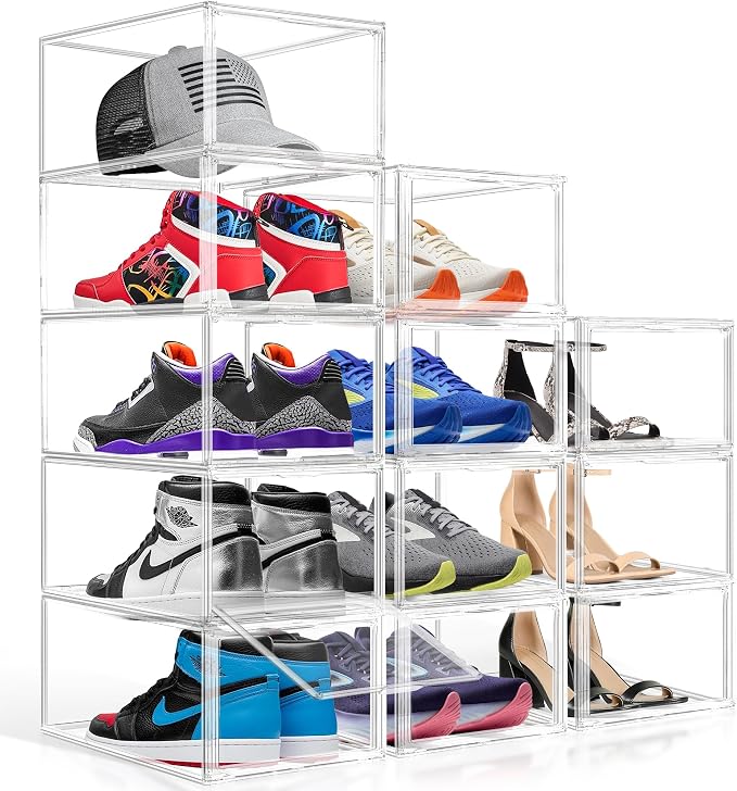 12 Pack Drop-Front Clear Shoe Boxes for Flats,Loafers&Small Spaces,Size 12 | Stackable Shoe Display Cases with Magnetic Door, Clear Storage Bins for Sneaker Containers Figure Display