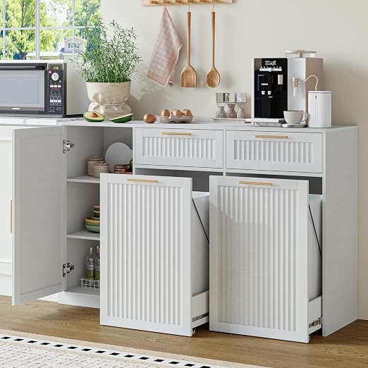 Double 13 Gallon Pull Out Trash Can Cabinet with Storage Cabinet,White | Pet Proof Hidden Garbage Can Cabinet,3-Tier Shelves,Fluted Design,Extra Drawer Space,Kitchen & Dining Room Organization