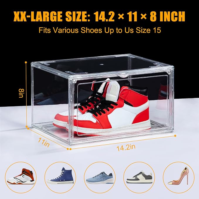 NYZE 12 Pack Acrylic Shoe Boxes Side Open, Clear Shoe Box Plastic Stackable, Shoe Storage Organizer with Magnetic Door, Shoe Display Shoe Containers with Lids Fits Up to Size 15