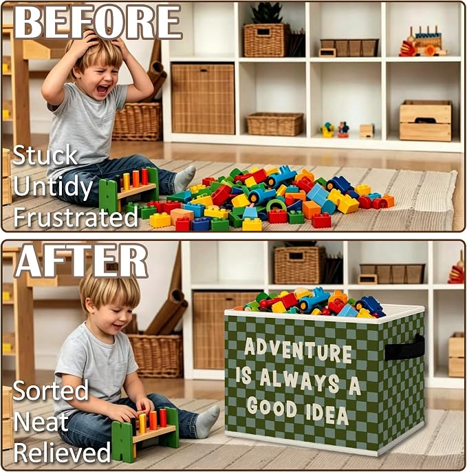 Adventure Classroom Nursery Cube Storage Bins with Handles, Green Checkered Kids Playroom Collapsible Fabric Storage Basket Boxes Books Clothes Organizer for Kids Boys Bedroom Bathroom
