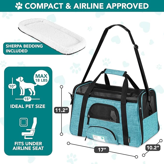 PetAmi Airline Approved Pet Carrier for Cats Small Dogs, Small Heather Blue | Soft Sided TSA Travel Bag, Sherpa Bed, Breathable Mesh Ventilation, Collapsible Bowl, Fits Under Seat, Up to 18 lbs