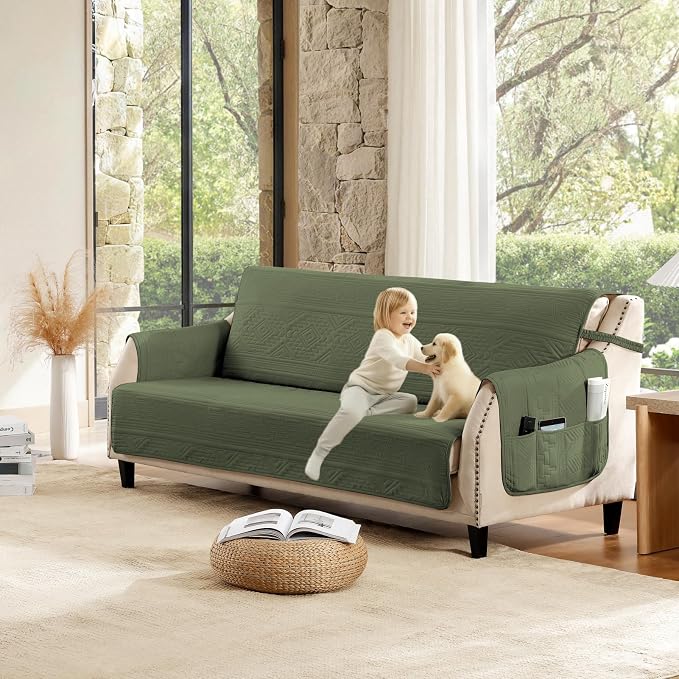Boho Quilted Pet-Friendly Couch Covers with Pockets, Anti-Slip Aztec Couch Covers for 3 Cushion Couch Sofa, Couch Cover for Dogs Water-Repellent Machine Washable (Large Sofa 68", Olive Green)