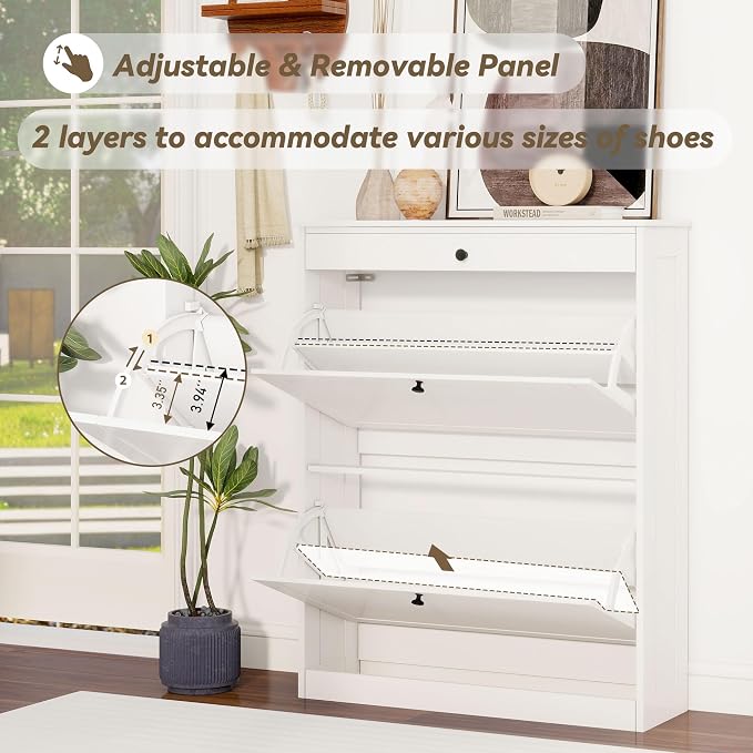 FTZxHKLX Shoe Cabinet, Hidden Shoe Storage Cabinet with 2 Flip Drawers | Wooden Shoe Rack with Adjustable Shelf, Modern Freestanding Shoe Rack Organizer for Entryway, Hallway, Living Room, White