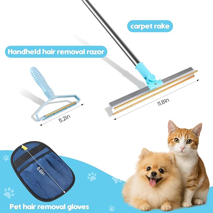 3-in-1 Pet Hair Removal Tool Kit Dog Hair Remover and Carpet Rake Includes Handheld Pet Hair Removal Tool and Grooming Glove Removes Embedded Fur from Carpets Rugs Furniture and Pet Beds