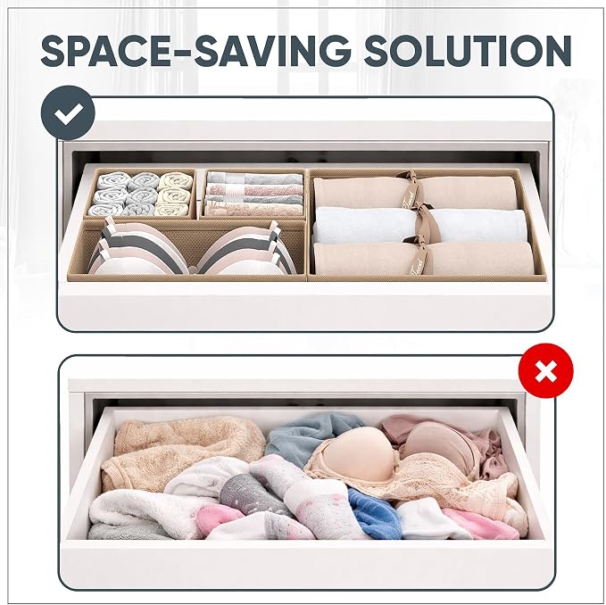 Dresser Drawer Organizer Clothes, 6 Pack Foldable Storage Boxes with Zipper, 600D Fabric, Cream, Drawer Dividers for Underwear, Socks, Baby Clothes