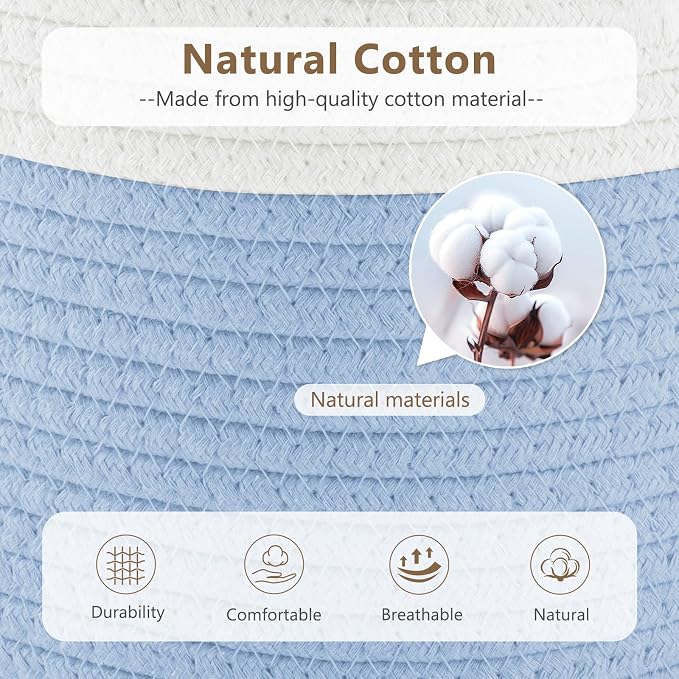 ECDYQXVU 15x10x9 Woven Cotton Rope Storage Basket, Leather Handles 3 Pack | Foldable Design, Sturdy PU Handles, Easy to Clean Organizer for Living Room, Closet, Shelves, Bedroom, Laundry, Clothes