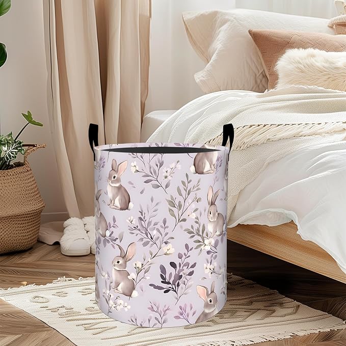 Rabbit Floral Laundry Basket, Oxford Cloth Pastel Cute Dirty Clothes Collapsible Hamper for Room Decor, Bunny and Flower Plant Print Gifts Toy Organizer 19.7*15.7 Inch for Bedroom Bathroom Dorm