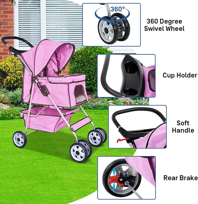 Best 4 Wheels Pet Stroller for Dog and Cat Stroller, Lightweight and Foldable Carrier Strolling Cart W/Cup Holders Removable Liner for Small and Medium Dog Cat or Pet - Pink