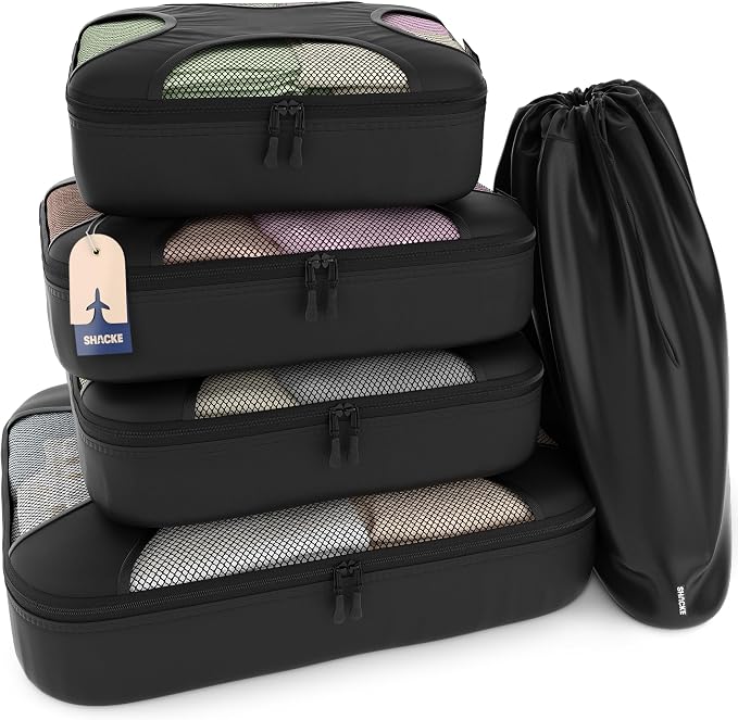 Shacke 5 Set Packing Cubes for Travel with Laundry Bag (Pure Black) | Suitcase Organizer Bags Set: 4 Water-Resistant Luggage Cubes, XL to Small, + Laundry Bag for Carry-On or Checked