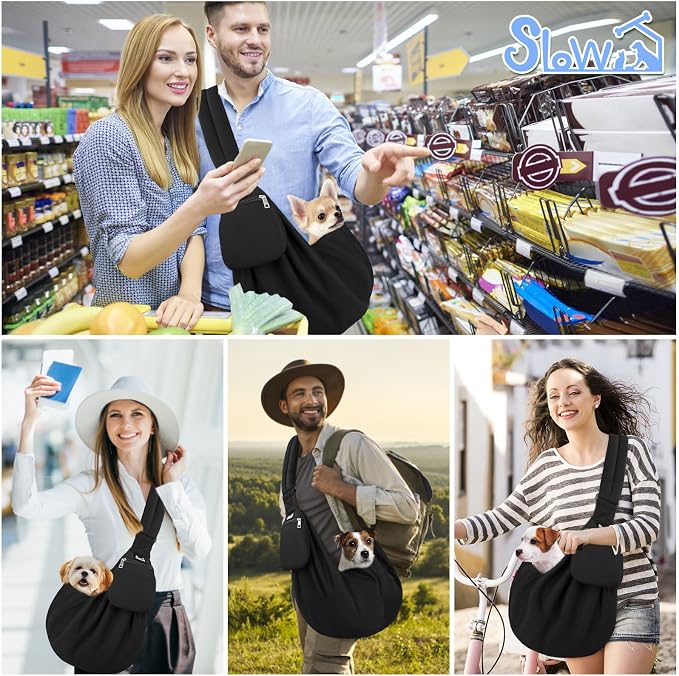Lukovee Pet Sling, Puppy Small Pet Cat Carrier with Safety Hook | Hands-Free,Padded Strap, Breathable, Adjustable, Storage Pocket, Tote Bag Shoulder Bag with Front Pocket (Black-WY,S)