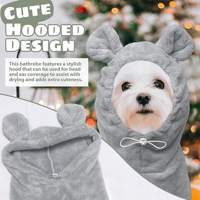 Dog Bathrobe Super Absorbent Towel Robe - Microfiber Bath Towels Fast Drying Coat for Dogs, Cute Dogs Clothes Adjustable Collar & Belly Strap Warm Keeping Hooded Dog Towel (Grey, Medium)