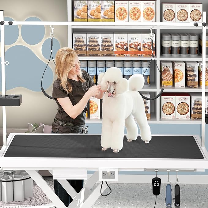 Electric Dog Grooming Table for Large Dogs - Professional Heavy Duty Height Adjustable Home Indoor Pet Grooming Station with Grooming Arm, Anti Slip Tabletop & Tool Organizer, 50''/White