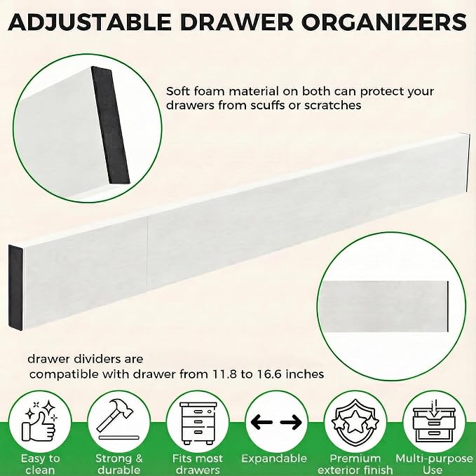 4 Pack Bamboo Drawer Dividers 2.6" High, Adjustable from 12 Inch to 17 Inch | Expandable Kitchen Drawer Organizer Separators for Clothes, Kitchen, Bedroom, Dresser, Office (White)