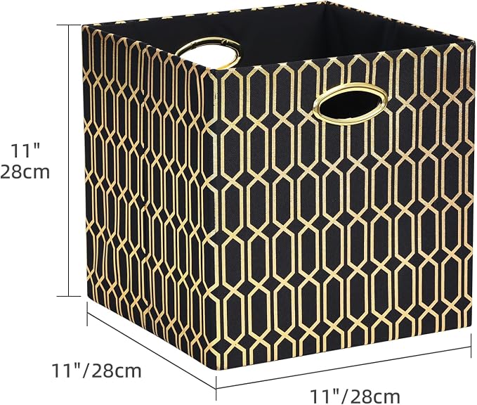Posprica 11x11x11 Foldable Fabric Storage Cube Organizer Bins Cubby Baskets | Fabric Cubes 11×11 Collapsible Box with Handles Black Gold Geometric Pattern, 4 Pack