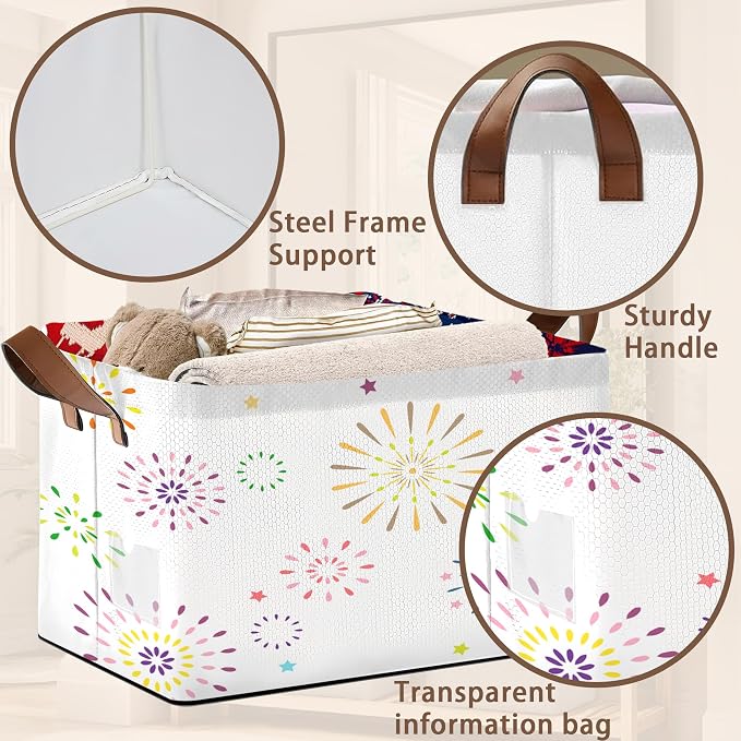 Colorful Fireworks Pattern Collapsible Storage Box - 17x11.5x10.5 Inch Foldable Organizer for Seasonal Decorations, Event Decor, Home Storage - Single Pack