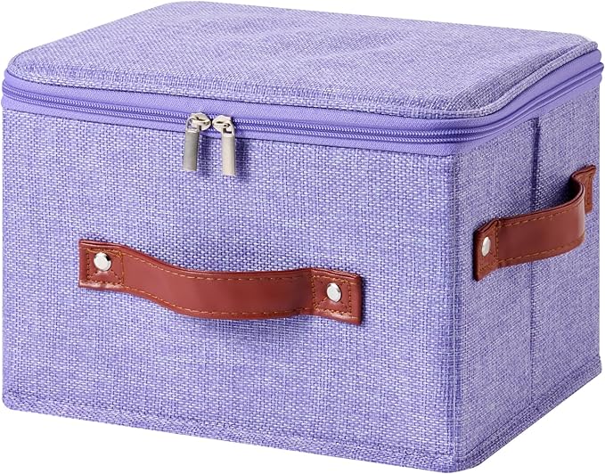 Storage Bin Box with Zippered Lid Decorative Collapsible Basket | Cotton Linen Fabric, Washable Foldable Stackable Cloth Container, Closet Shelf Organizer w/ PU Leather Handles, Purple-Small