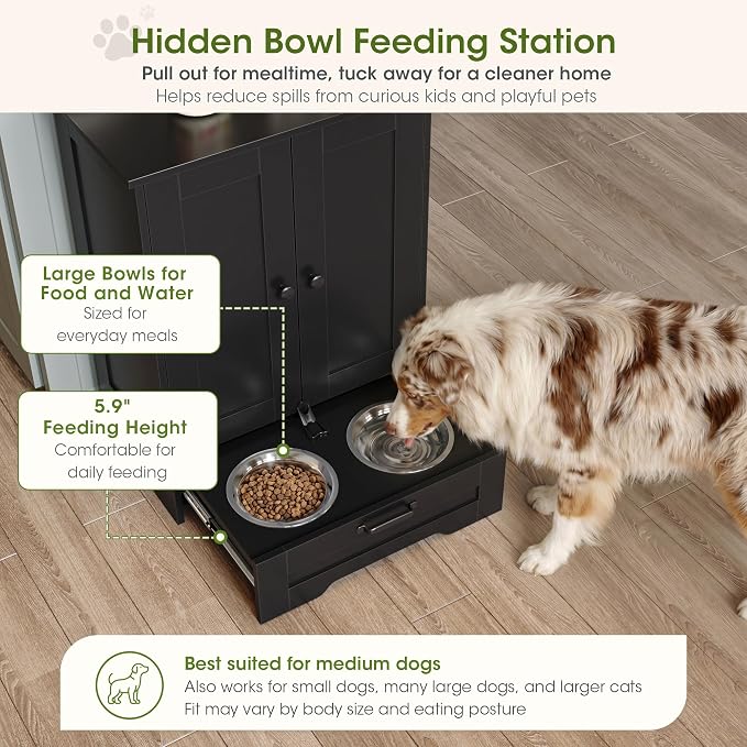 Dog Feeding Station with Storage Cabinet, Black Wood Dog Cabinet with 2 Elevated Stainless Steel Bowls, Hidden Pull-Out Feeder Drawer, Pet Feeding Station for Kitchen and Living Room