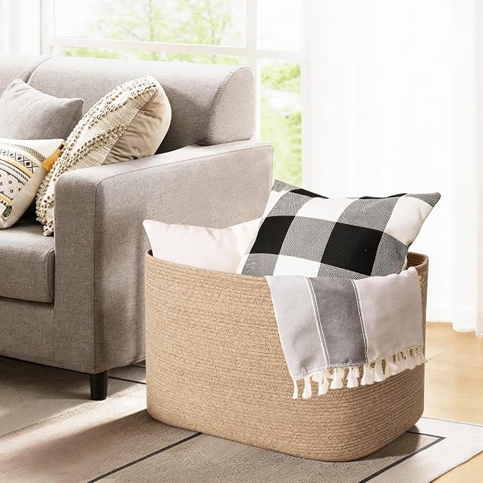 Extra Large Blanket Basket, 108L Rectangle Blanket Storage for Living Room, Woven Cotton Rope Stuffed Animals Storage, Kids Dog Toy Basket Bin Box, Throw Pillow Holder Organizer, 25"x16"x16"