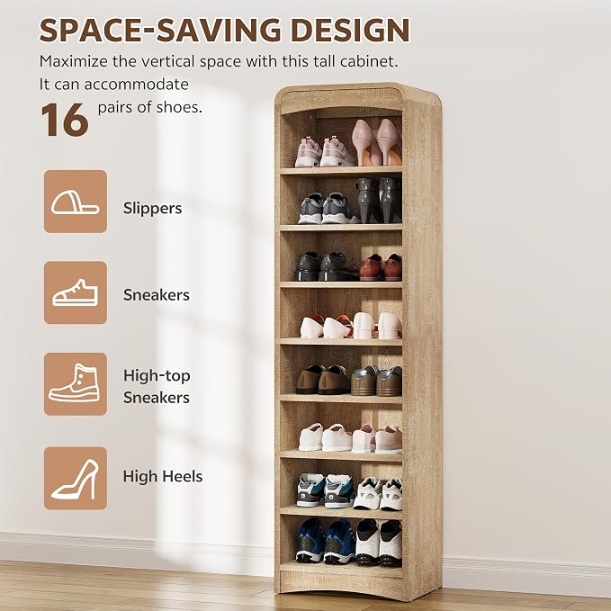 67.6” Tall Shoe Cabinet 8-Tier with Adjustable Shelves, Natural | Freestanding Shoes Organizer Cabinet for Entryway, Hallway, Living Room