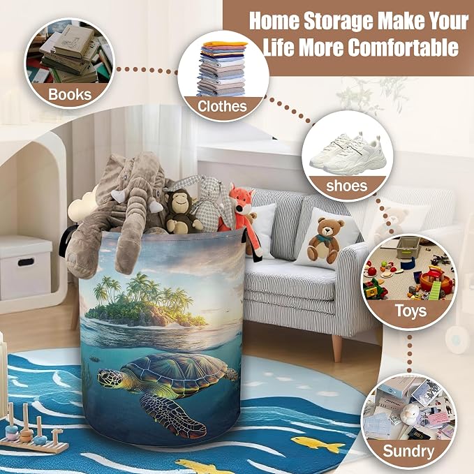 Sea Turtle Tropical Island Laundry Hamper,Laundry Baskets,Waterproof Oxford Cloth Toy Storage for Bedroom,Bathroom,Nursery,16x20.8 Inch