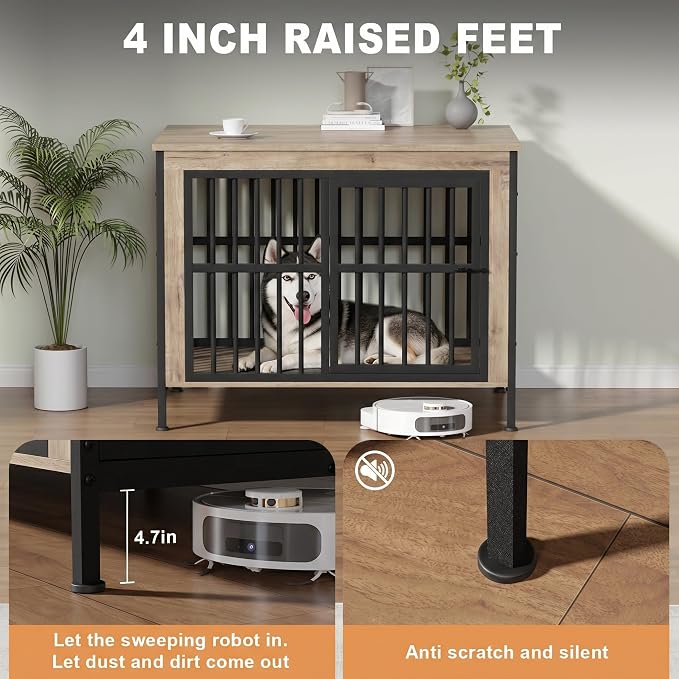 45" Dog Crate Furniture, Decorative Dog Kennels for Large Dogs, Natural | Thick wood, heavy-duty steel, 2-door escape-proof locks, waterproof scratch-resistant, extra-large, stylish, easy assembly