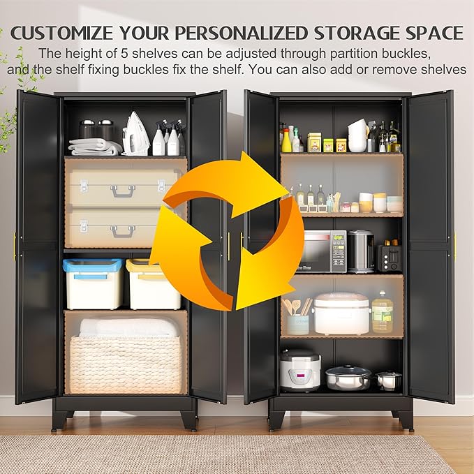 GAIOUS 75.2" Tall Storage Cabinet,Metal Pantry Storage Cabinets with 2 Door | and 5 Adjustable Shelves, Black Kitchen Food Cabinet, Metal Utility Cabinets for Kitchen, Dinning Room, Laundry Room