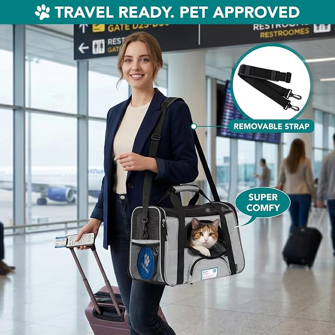 PetAmi Airline Approved Pet Carrier for Cats & Small Dogs, Large Light Gray | Soft Sided TSA Travel Bag, Sherpa Bed, Breathable Mesh Ventilation, Collapsible Bowl, Fits Under Seat, Up to 18 lbs