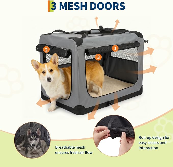 30 Inch Soft Dog Crate Collapsible 3-Door Travel Kennel for Large Dogs, Portable Pet Cage, Fleece Bed, Storage Pocket & Safety Zippers, Indoor Outdoor Car Use Dog Crate