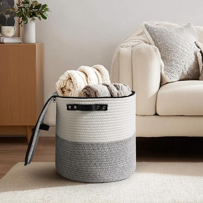 Large Basket with Lid, 18"x14" Woven Blanket Storage for Living Room, Round Cotton Rope Storage Bin with Zipper Top, Shoe Basket with Lid for Entryway, Floor Kids Dog Toy Bin Box with Cover