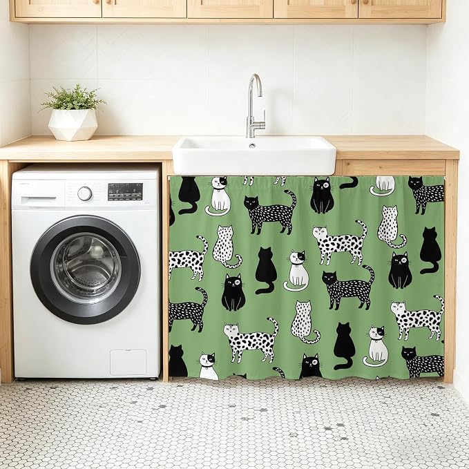 Cat Animal Sink Skirt 11"Wx13"L,Dustproof Under Sink Curtain with Self Adhesive Tape,Sage Green Earthy Tone Vintage Pet Modern Cabinet Curtain Cover for Bathroom Vanity,Kitchen Cabinet Storage Shelf