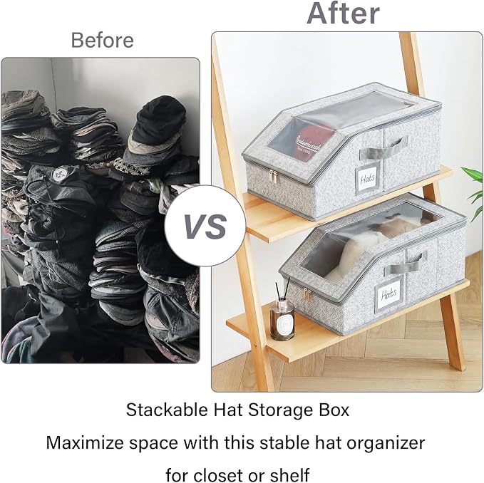 Furlide Hat Organizer for Baseball Caps, 2 Pack Stackable Storage Boxes | Protects 24-30 Caps From Dust and Pet Hair; Stackable Base, Clear Window, Front Opening and Handles Simplify Closet Storage.