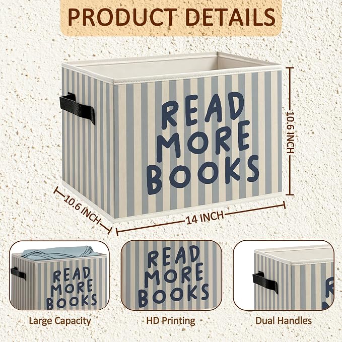 Reading Room Book Foldable Storage Bins Box with Handles, Read More Books Blue Striped Decorative Storage Boxes Baskets Toybox Organizer for Library Reading Nook Corner Room Classroom