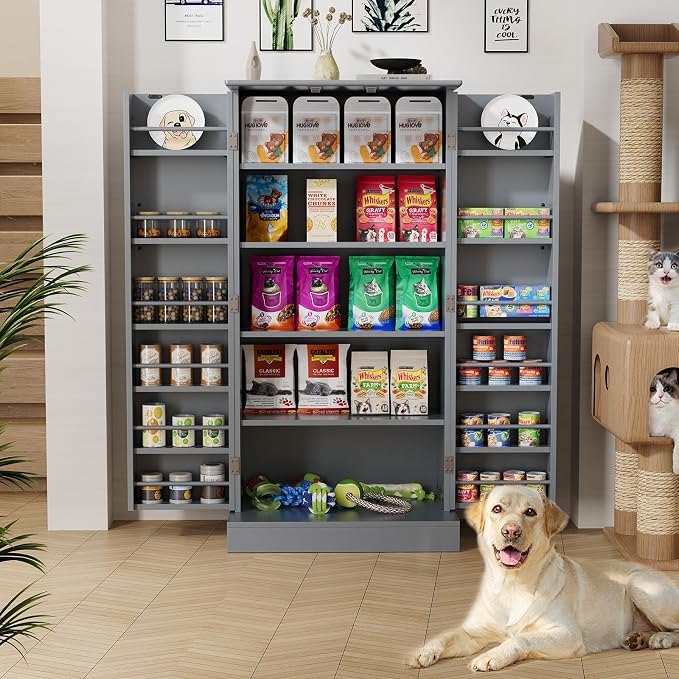 Saudism 47" Dog Food Storage Cabinet with Adjustable Shelves, Walnut | Freestanding Pet Storage Container Organizer for Living Room and Dinning Room